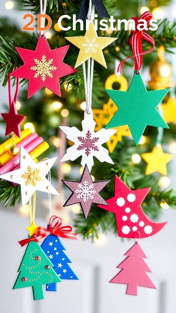Colorful 2D Christmas ornaments in various shapes, decorated and ready to hang.